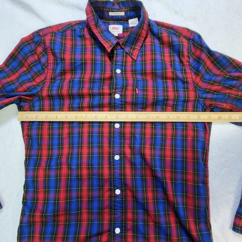 Levis Plaid Button Front Shirt Red Blue‎ Stretch Long Sleeve Mens Small